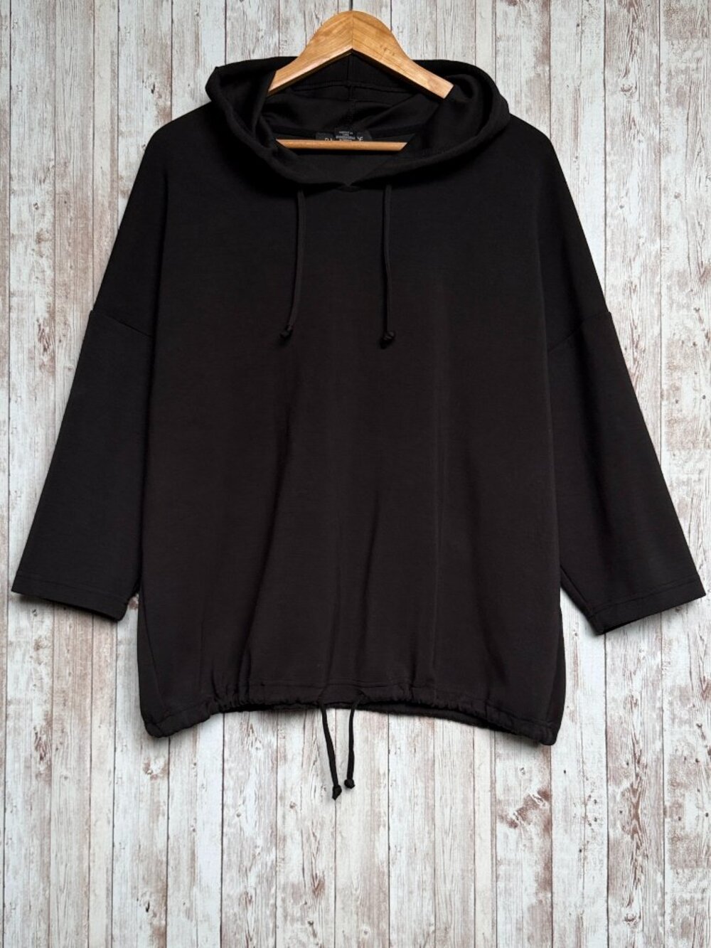 Rachel Zoe Women's Black Scuba Hoodie sz 1X Drawstring Hem 3/4 Sleeve Soft Sweat